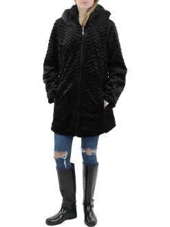 INTL d.e.t.a.i.l.s Womens Warm Ribbed Faux Fur Coat
