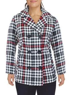 INTL d.e.t.a.i.l.s Plus Womens Double Breasted Houndstooth Pea Coat