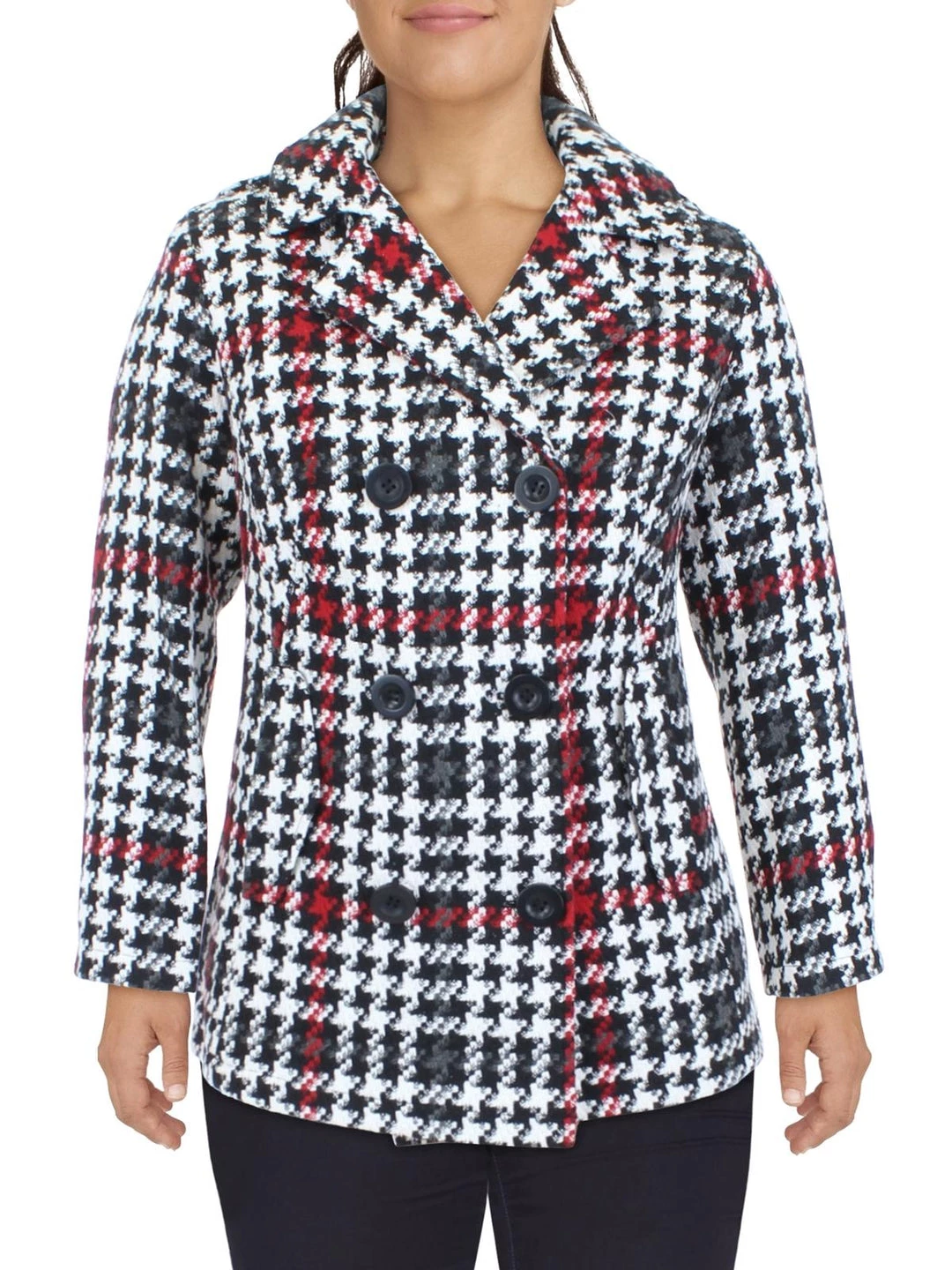 INTL d.e.t.a.i.l.s Plus Womens Double Breasted Houndstooth Pea Coat 1 INTL d.e.t.a.i.l.s Plus Womens Double Breasted Houndstooth Pea Coat