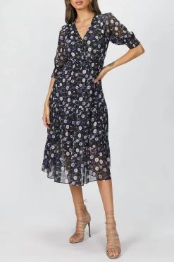 The Kooples Printed Midi Dress in Black/Purple Peony - women