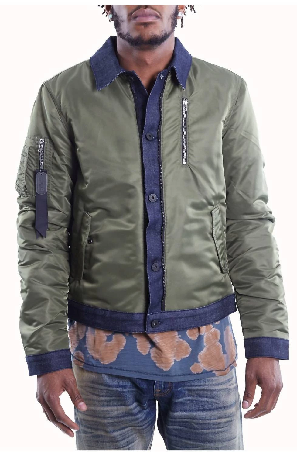 Cult Of Individuality Men'S Combo Bomber Jacket in Olive Denim 1 Cult Of Individuality Men'S Combo Bomber Jacket in Olive Denim