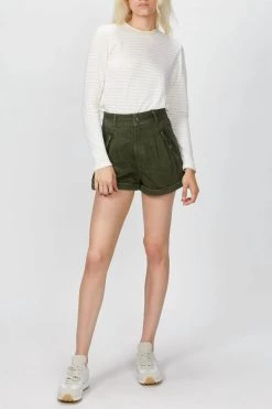 The Kooples Stretch Linen Khaki Shorts in Army Green - women